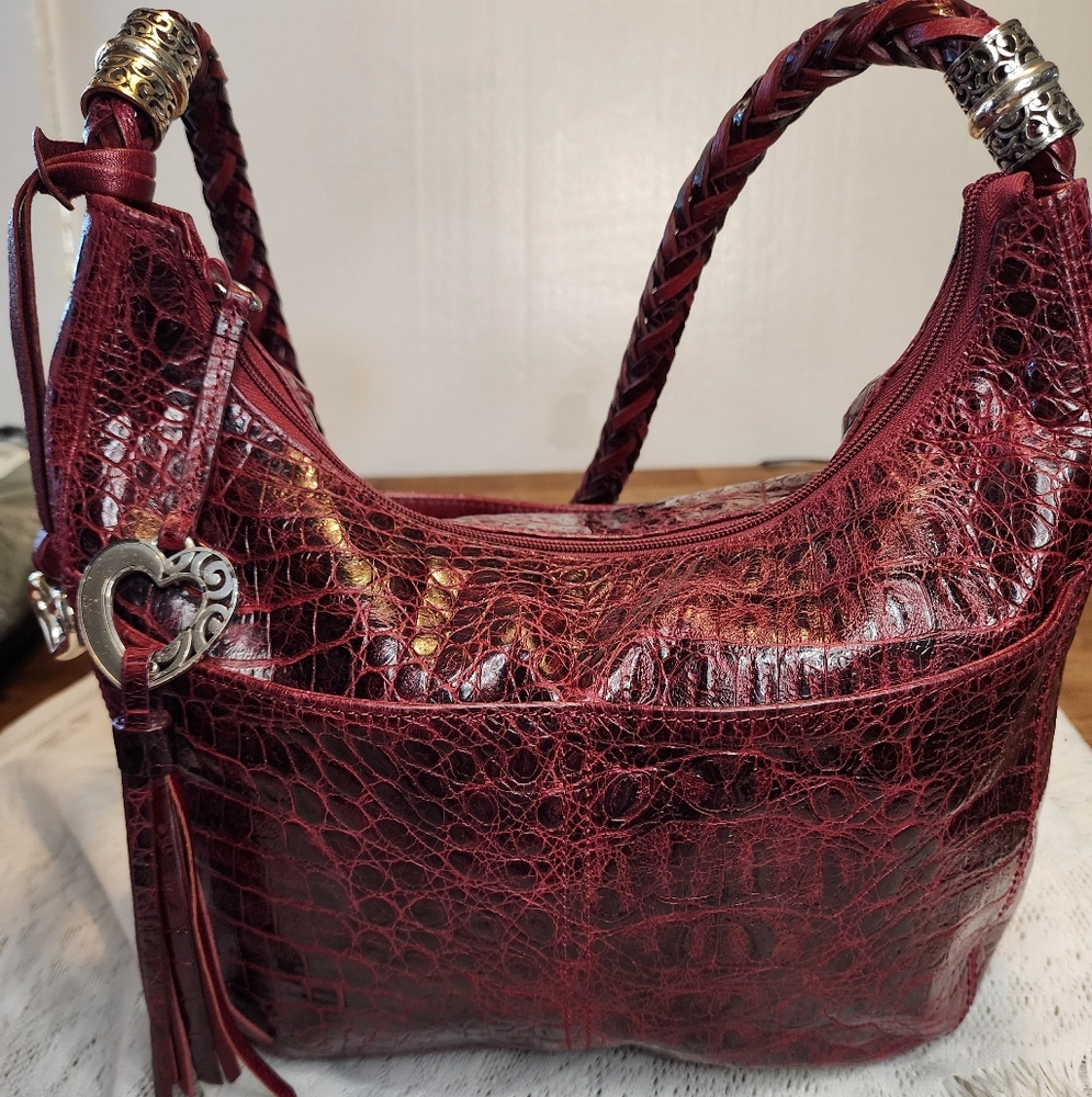Brighton Wine Red Croc Embossed Soft Leather Braided Strap Hobo Shoulder Bag